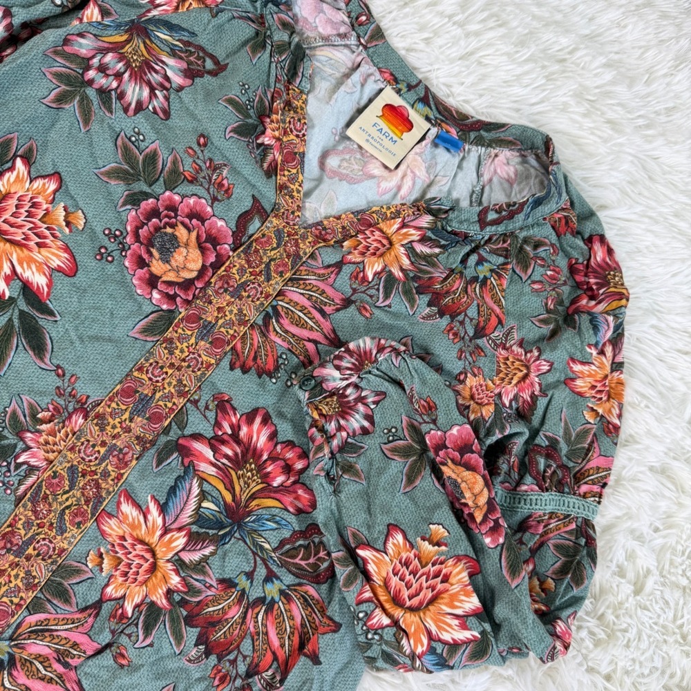 FARM Rio Anthropologie Paola Floral Peasant V Neck Blouse Top XS Boho Chic - Picture 2 of 12
